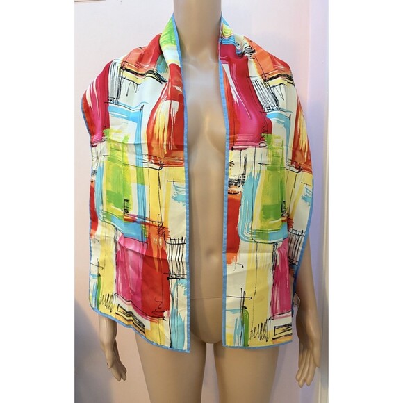 Talbots 100% Silk Watercolor Colorful Oblong Scarf Blue Pink Yellow Green - Picture 1 of 6